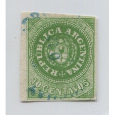 ARGENTINA 1862 GJ 08Ab ESCUDITO 10 Cts. VARIEDAD 8 ANGULOS CORTADOS EJEMPLAR CON INFIMOS ADELGAZAMIENTOS U$ 250